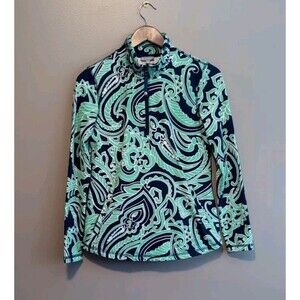 T by Talbots Womens XS Green Paisley Pullover Quarter Zip Mock Neck Top
